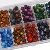 A set of 50 vibrant tiger eye resin beads in various shades of brown, purple, and green are displayed in a clear plastic cont