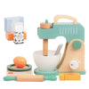 A wooden pretend play kitchen set featuring a green coffee maker and tea accessories with a wooden pestle and strainer.