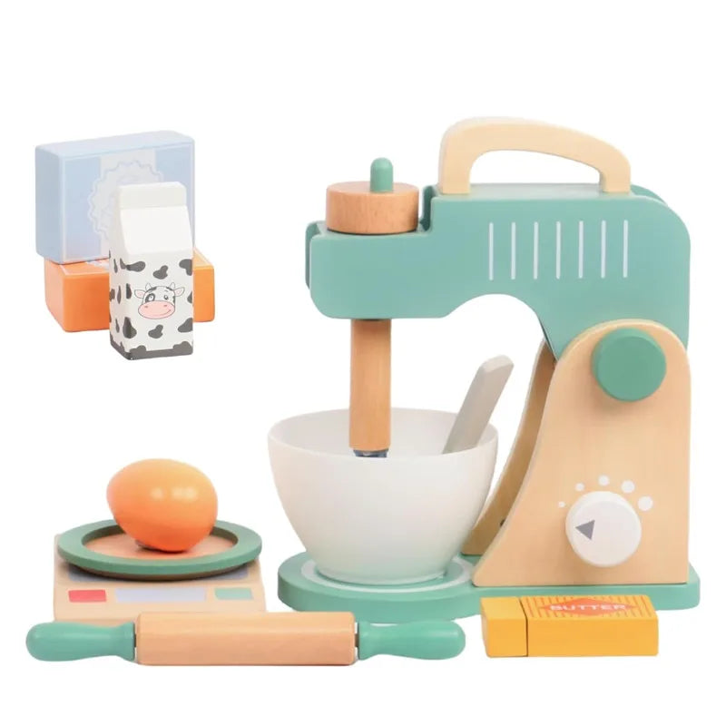 A wooden pretend play kitchen set featuring a green coffee maker and tea accessories with a wooden pestle and strainer.