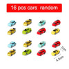 A set of 16 random cars in various colors and sizes for a dinosaur rail car adventure playset.
