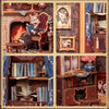 A detailed diorama of a cat's study featuring a wooden dollhouse bookshelf insert and antique furniture.