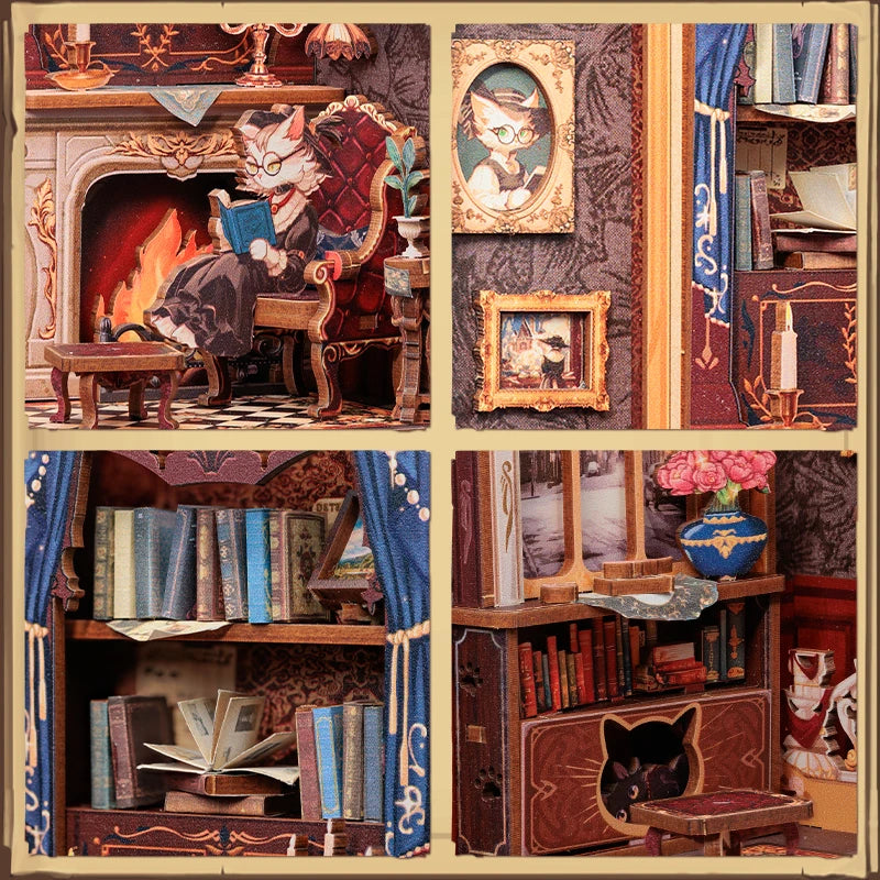 A detailed diorama of a cat's study featuring a wooden dollhouse bookshelf insert and antique furniture.
