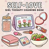 A coloring book featuring self-love themes, including a jar of drink, a pink heart, a strawberry, and various decorative elem