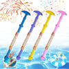 Five colorful water blaster toy guns with floral designs floating on blue water.
