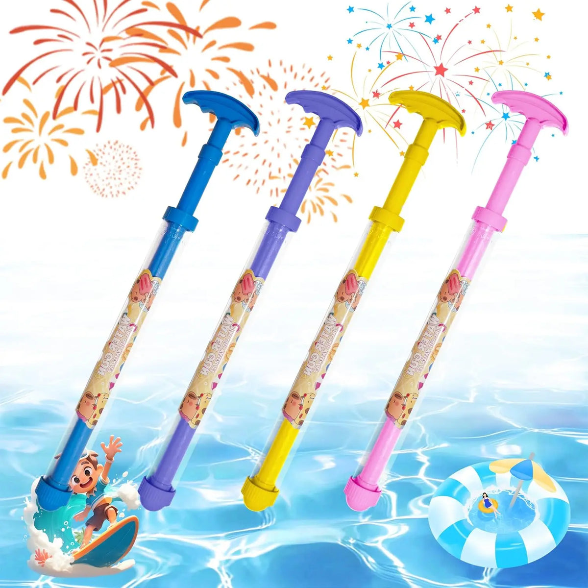 Five colorful water blaster toy guns with floral designs floating on blue water.
