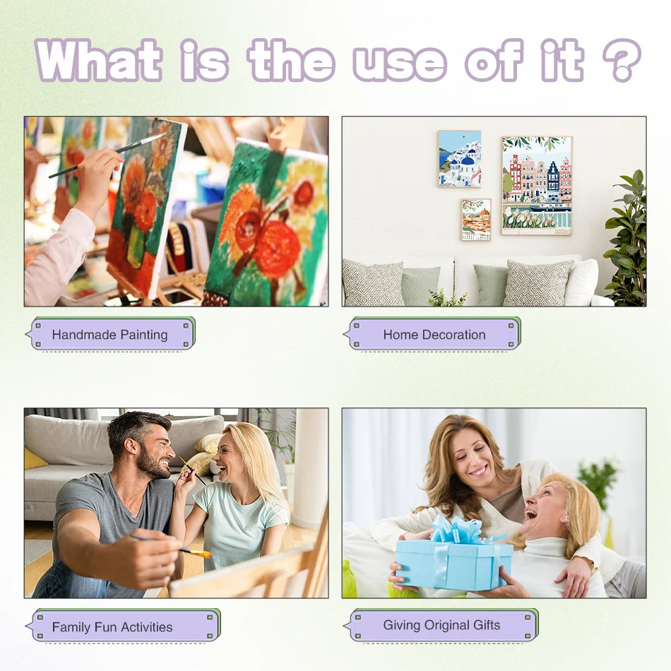 A collage showing various uses of a Lemon Tree Paint by Numbers kit including home decoration, family fun activities, and giv