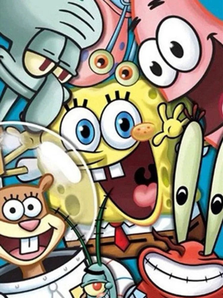 A close-up of a diamond painting kit featuring characters from SpongeBob SquarePants.