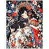 A painting featuring a beautiful girl with dark hair and a black cat surrounded by vibrant floral elements.