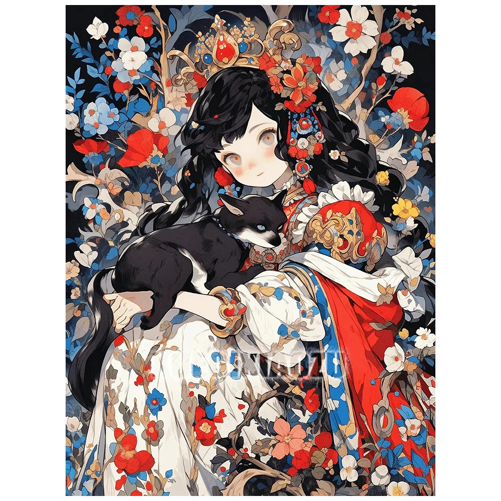 A painting featuring a beautiful girl with dark hair and a black cat surrounded by vibrant floral elements.