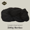 A ball of black Merino wool yarn labeled Lirisnly, showing a close-up texture.