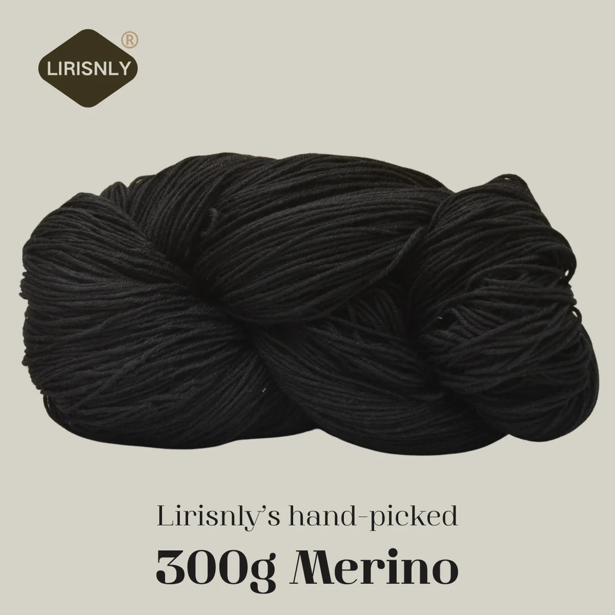 A ball of black Merino wool yarn labeled Lirisnly, showing a close-up texture.