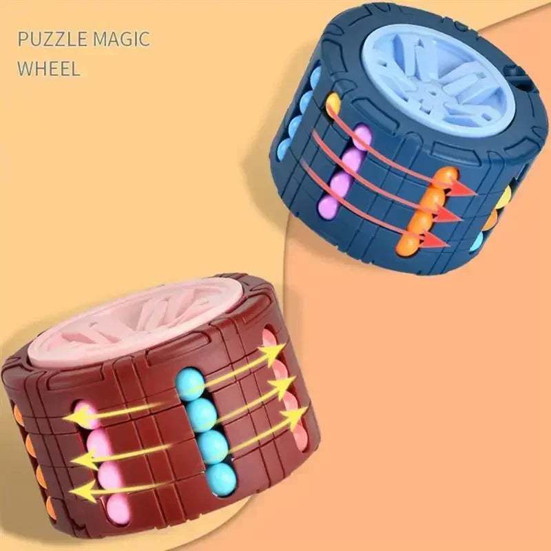 A dark blue puzzle magic wheel and a pink wooden slide puzzle cube for kids.