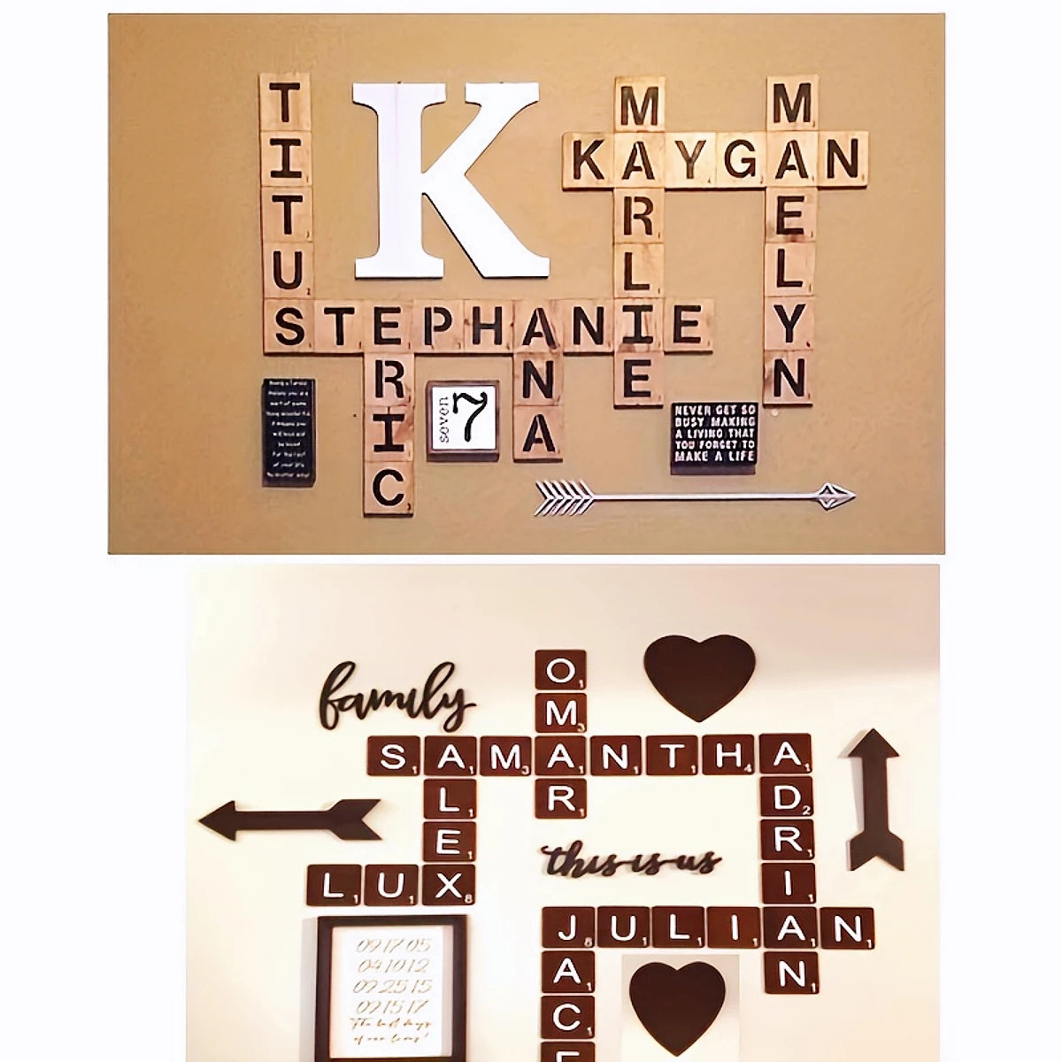 A wooden craft kit featuring letters spelling out KAYGAN and STEPHANIE, with a family photo included.