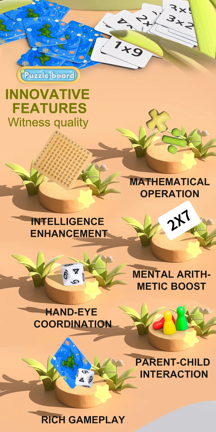 A colorful puzzle board game featuring wooden pieces and cards designed for mathematical operation and child interaction.