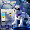 A white and purple interactive smart robot dog is displayed on a dark surface with its remote control and a smaller version o
