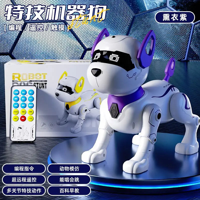 A white and purple interactive smart robot dog is displayed on a dark surface with its remote control and a smaller version o