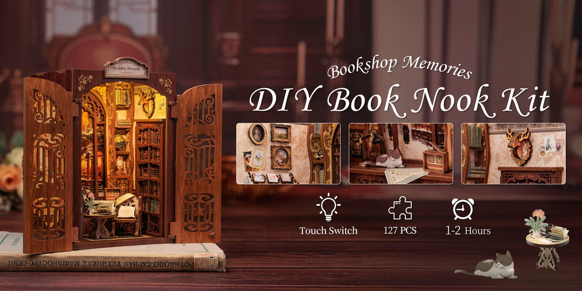 A DIY Book Nook Kit featuring a wooden miniature bookshelf and various decorative elements for crafting memories.