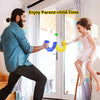 A father and daughter enjoy parent-child time playing with yellow and blue U-shaped juggling balls.