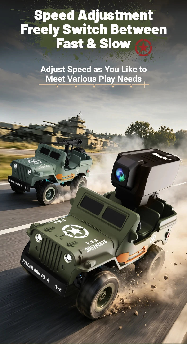 A green 1:64 scale RC Jeep Willys 4WD off-road crawler driving on a road.