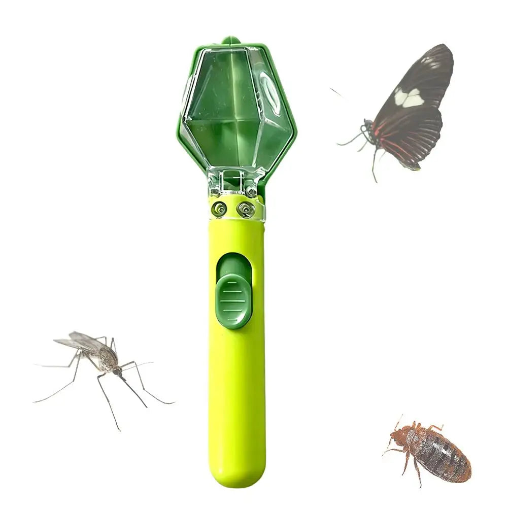 A bright lime green bug catcher with a magnifying viewer is shown next to a butterfly and an insect.