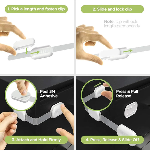 Step-by-step instructions showing how to pick, slide, attach, and release cabinet and drawer safety locks