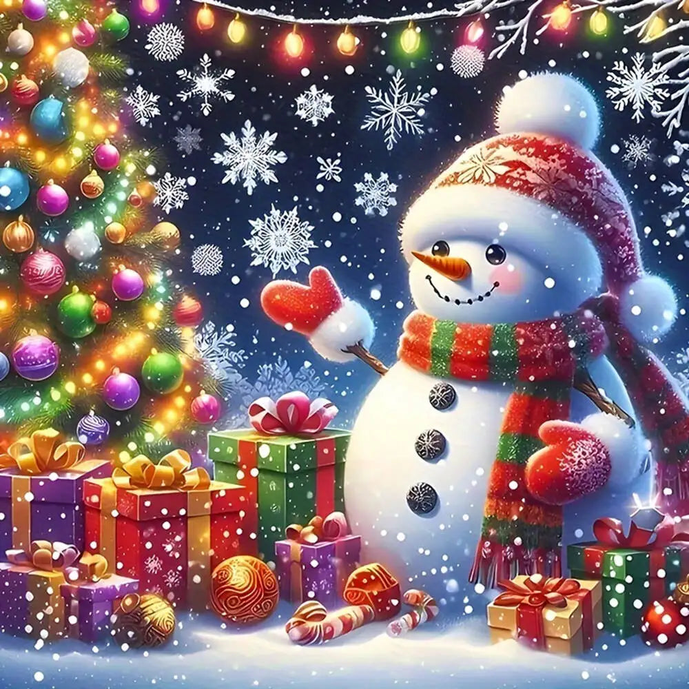 A festive diamond painting kit featuring a snowman and a Christmas tree surrounded by gifts and snowflakes.