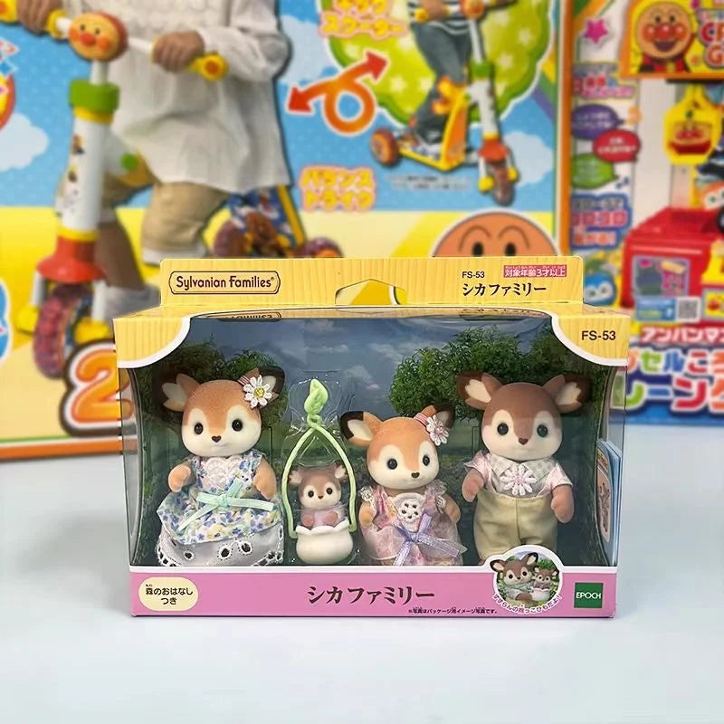 A boxed set of Sylvanian Families featuring a deer family figure, including accessories and packaging.