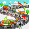 A set of dinosaur train tracks featuring various dinosaurs and a mist-spouting volcano on a gray track.