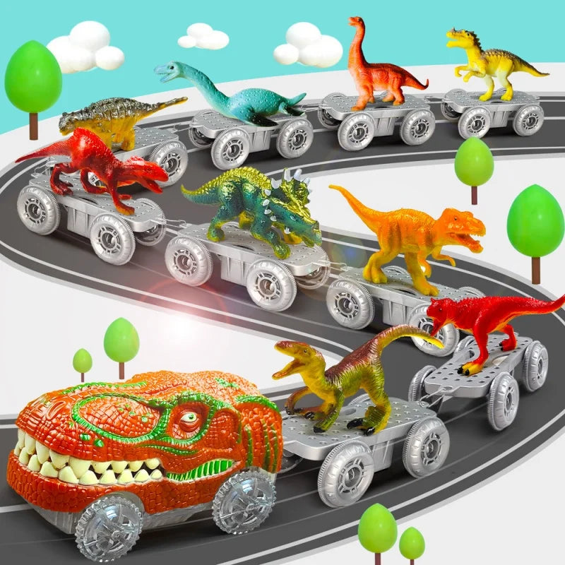 A set of dinosaur train tracks featuring various dinosaurs and a mist-spouting volcano on a gray track.
