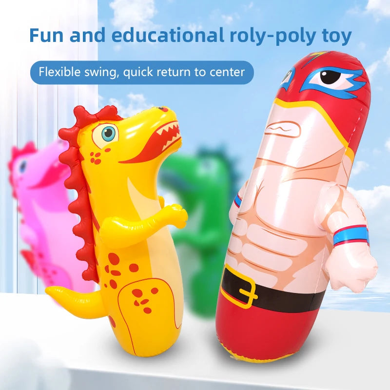 A pink and yellow inflatable dinosaur toy with flexible swinging features is shown on a white surface.