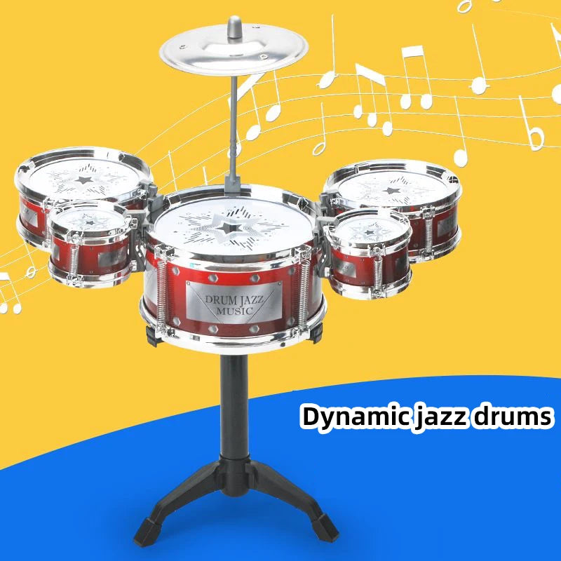 A dynamic jazz drum set with multiple cymbals and drums displayed against a yellow background.