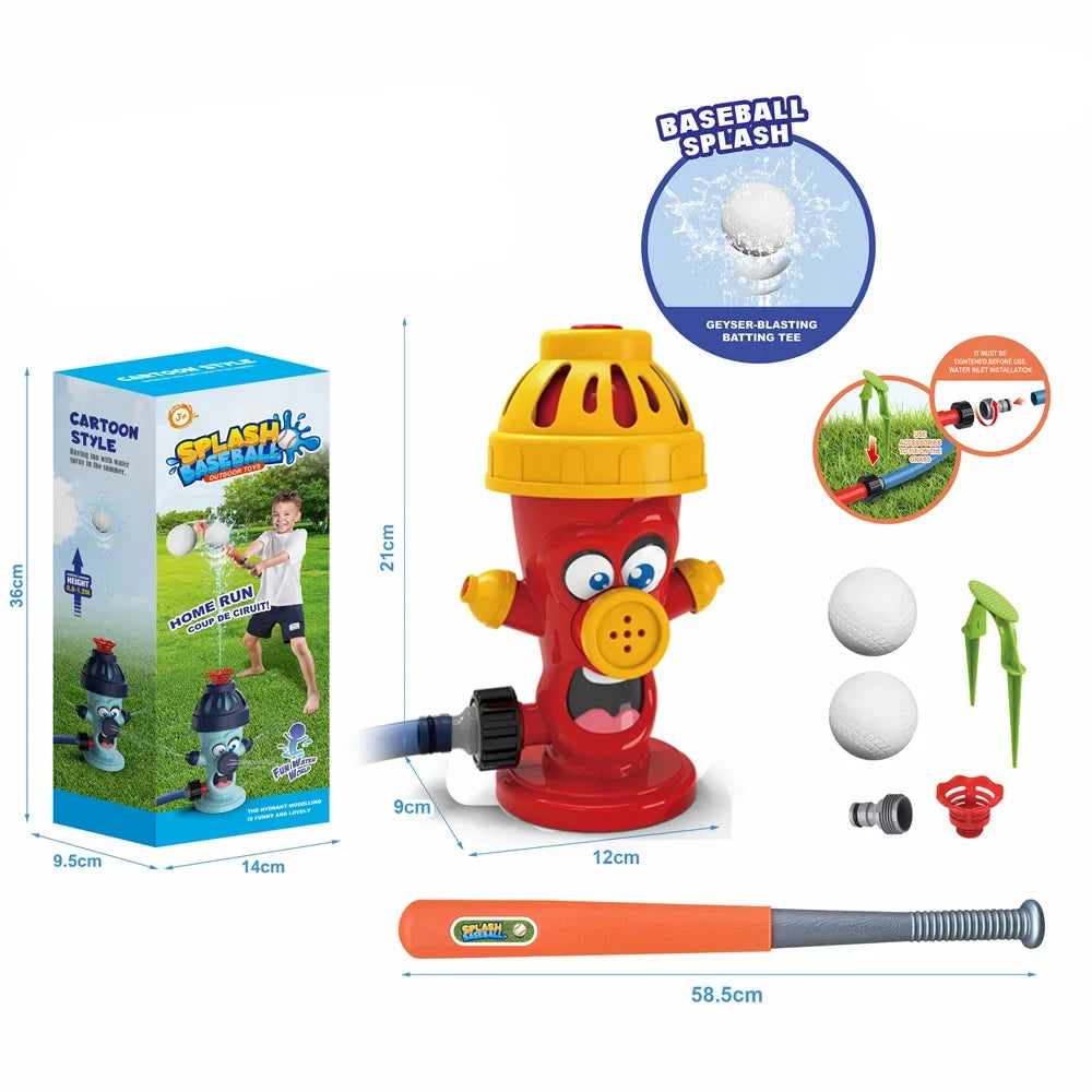 A red cartoon fire hydrant water sprinkler toy with a yellow top and a long orange hose, shown next to various accessories.