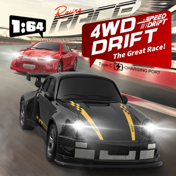 A black 1:64 scale 4WD drift car with yellow racing stripes is shown in a dynamic racing context.