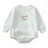 White cotton baby romper with 'little love' embroidery on the chest