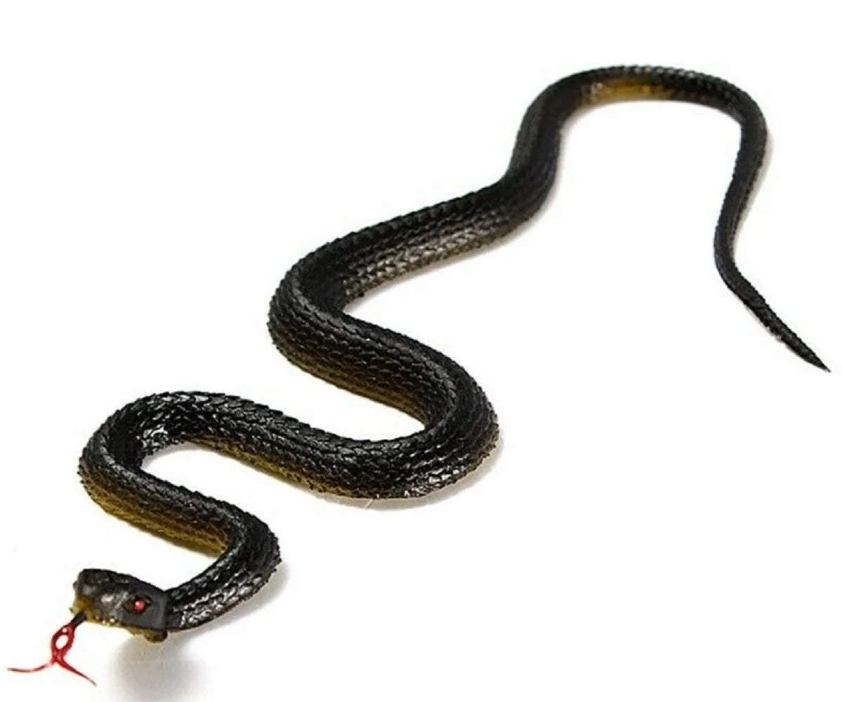 A slender, dark rubber snake decoy with a red tag is shown against a white background.