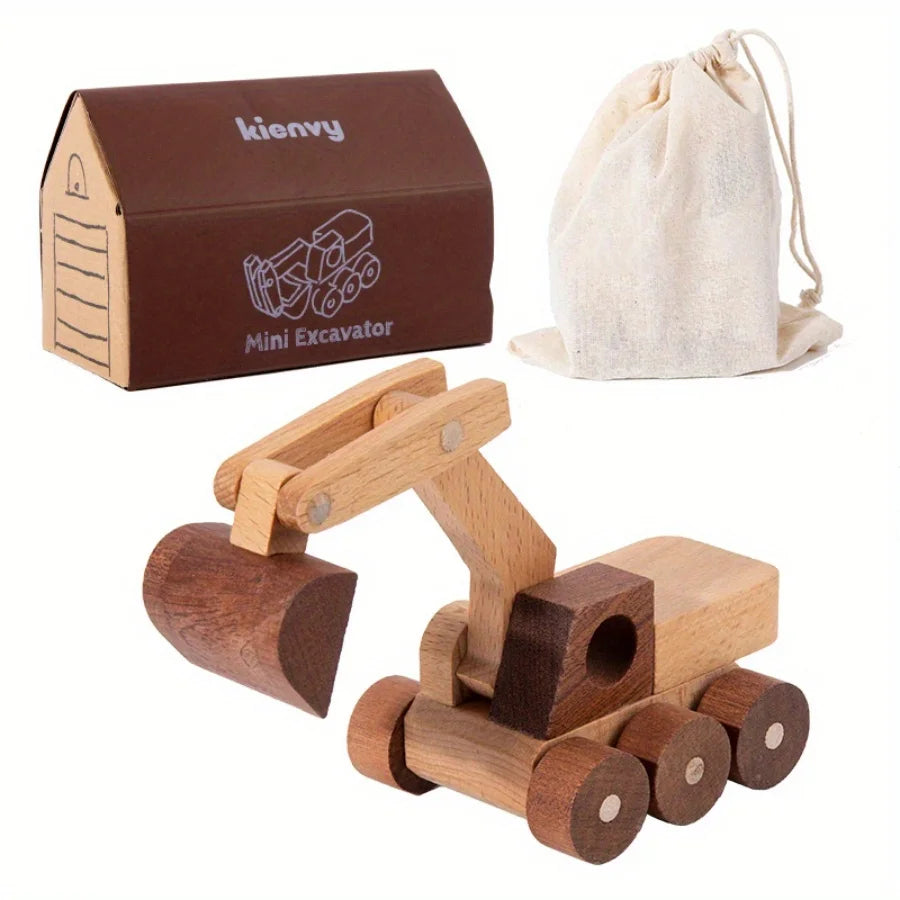 Un set de mini excavatrices en bois massif, avec une boîte et un modèle de véhicule.
