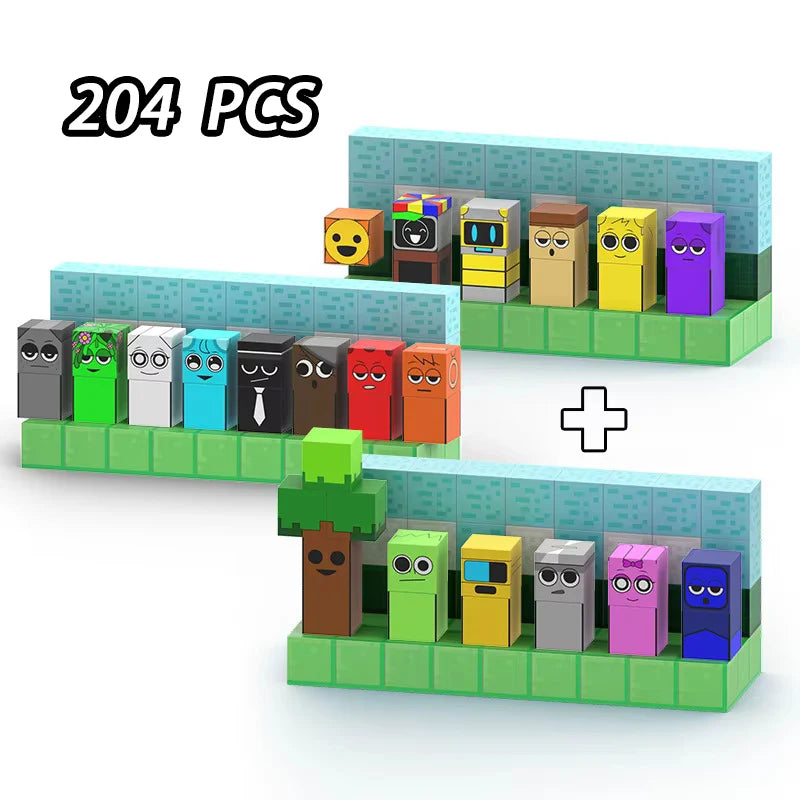 A collection of 204 magnetic building blocks featuring various characters and colors arranged in rectangular trays.