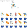 A set of 12 cupcake toppers featuring outer space astronauts and rockets on blue paper cups.