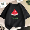 Black t-shirt featuring a red watermelon slice graphic with a heart and the text You're one in a melon