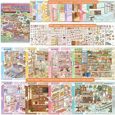A collection of miniature store scene stickers featuring various supermarket and convenience store themed designs.