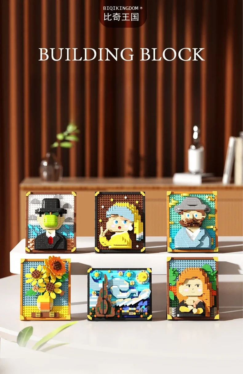 A set of colorful pixel art building blocks featuring various figures and objects like a man, a woman, and a sunflower.