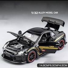 A black 1/32 alloy model car of a Nissan GTR R35 diecast model with sound and light effects.