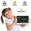 A young girl is holding and using an LCD drawing tablet for kids to practice spelling, drawing, and counting skills.
