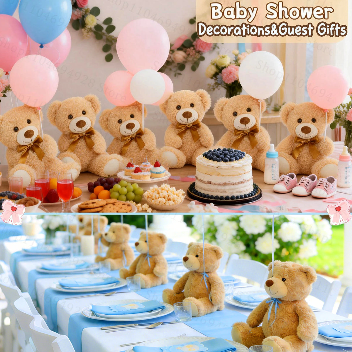 A collection of plush teddy bears and pink balloons used for baby shower decorations and guest gifts.