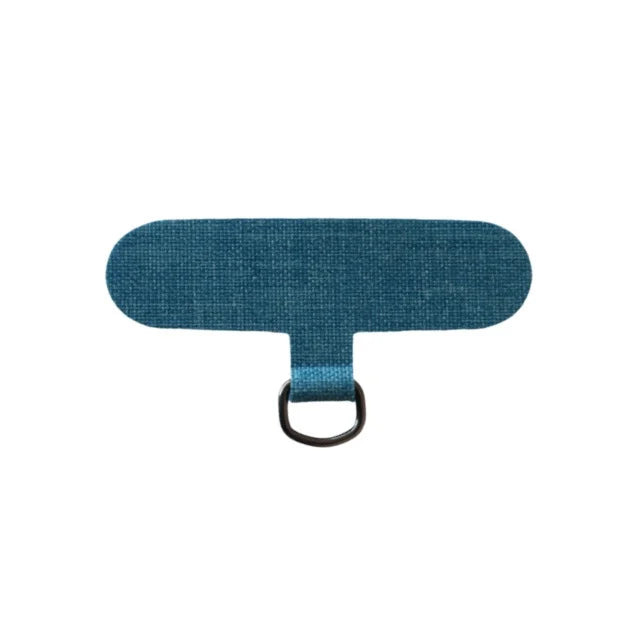 A teal fabric lanyard strap with a metal ring for holding a phone.