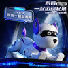 A white robotic dog with purple accents is shown in a close-up, standing on a blue platform.