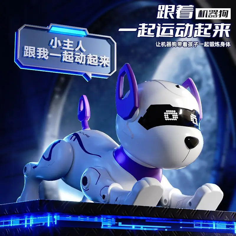 A white robotic dog with purple accents is shown in a close-up, standing on a blue platform.