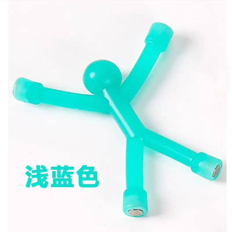 A bright turquoise magnetic humanoid toy with three arms, shown against a white background.