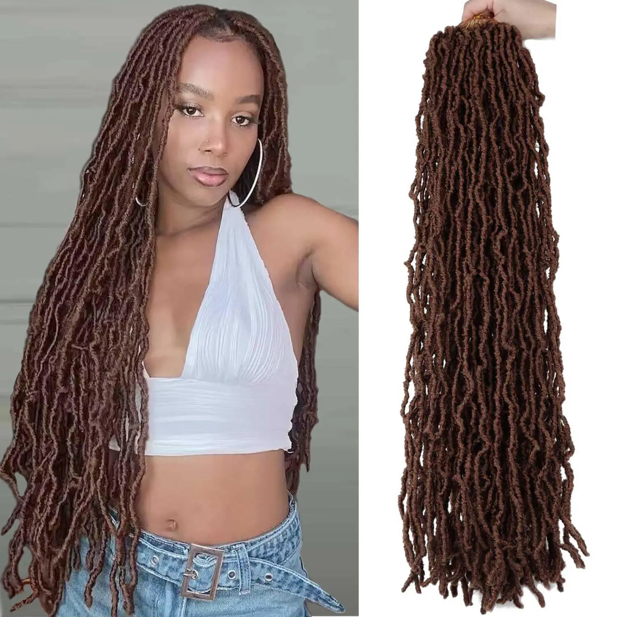 A woman models long, dark brown faux locs crochet hair with a distressed and butterfly style.