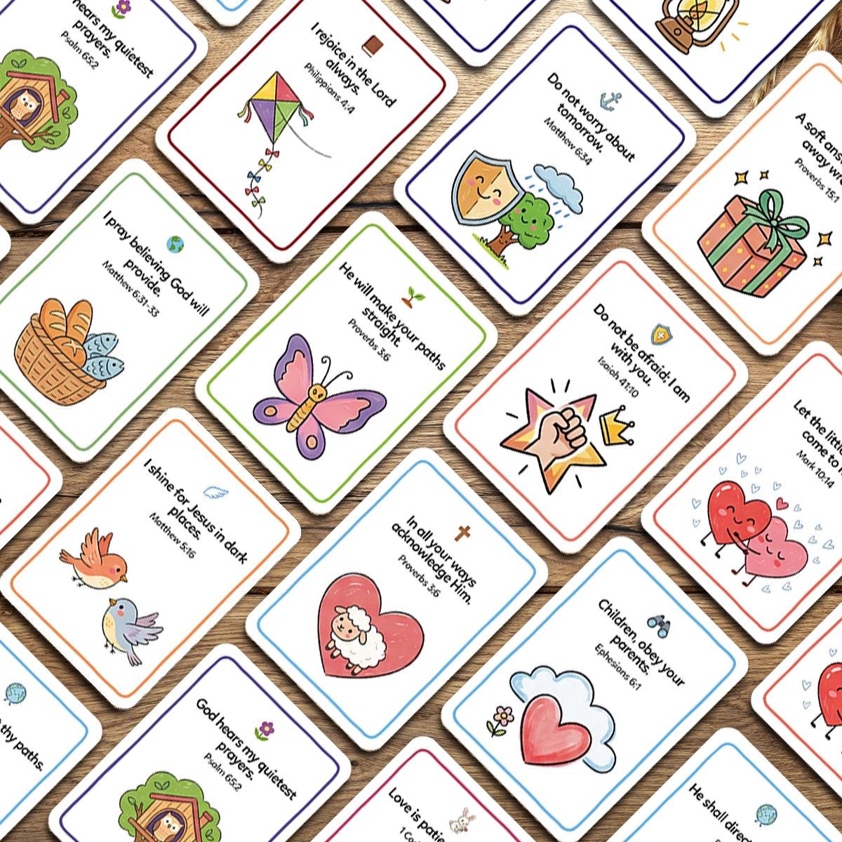 A collection of illustrated Bible prayer cards for kids featuring various scripture verses and prayers.
